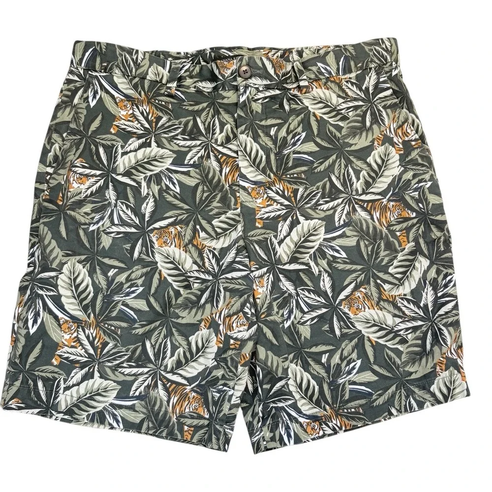 Banana Republic Aiden Shorts Mens 34 Green Tiger Tropical Palm‎ Leaf Print Slim